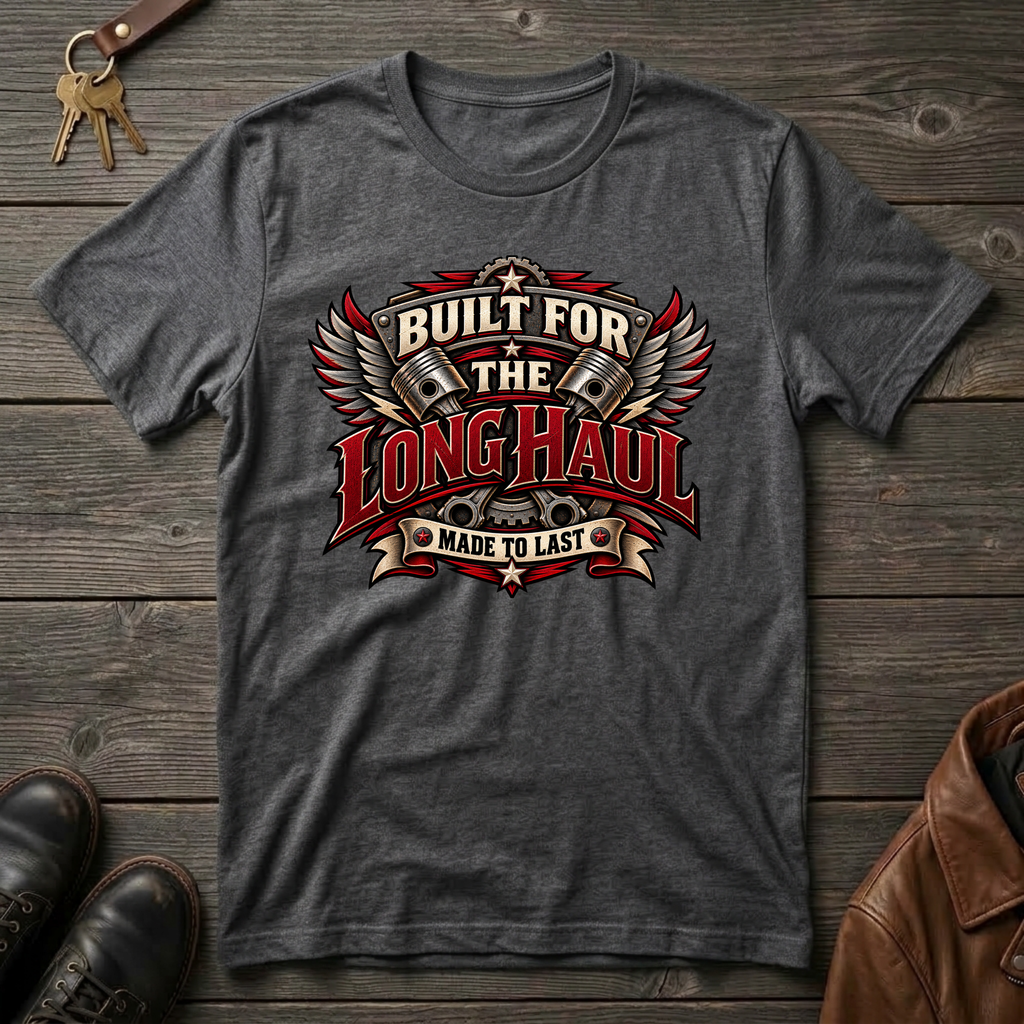 A dark gray heather crewneck t-shirt with a vintage-style graphic reading 'BUILT FOR THE LONG HAUL MADE TO LAST' in red, white, and black, styled flat on a rustic wooden background with keys, shoes, and a leather jacket nearby.