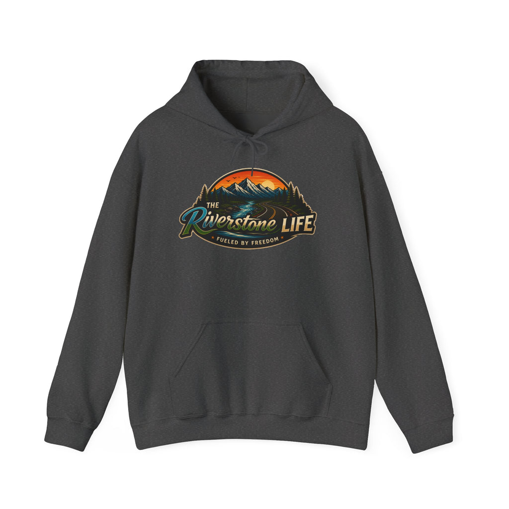 Dark heather hoodie with 'The Riverstone Life Fueled By Freedom' text on a white background