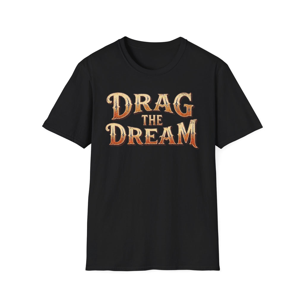 Black "Drag The Dream' t-shirt vintage style typography on a white background.