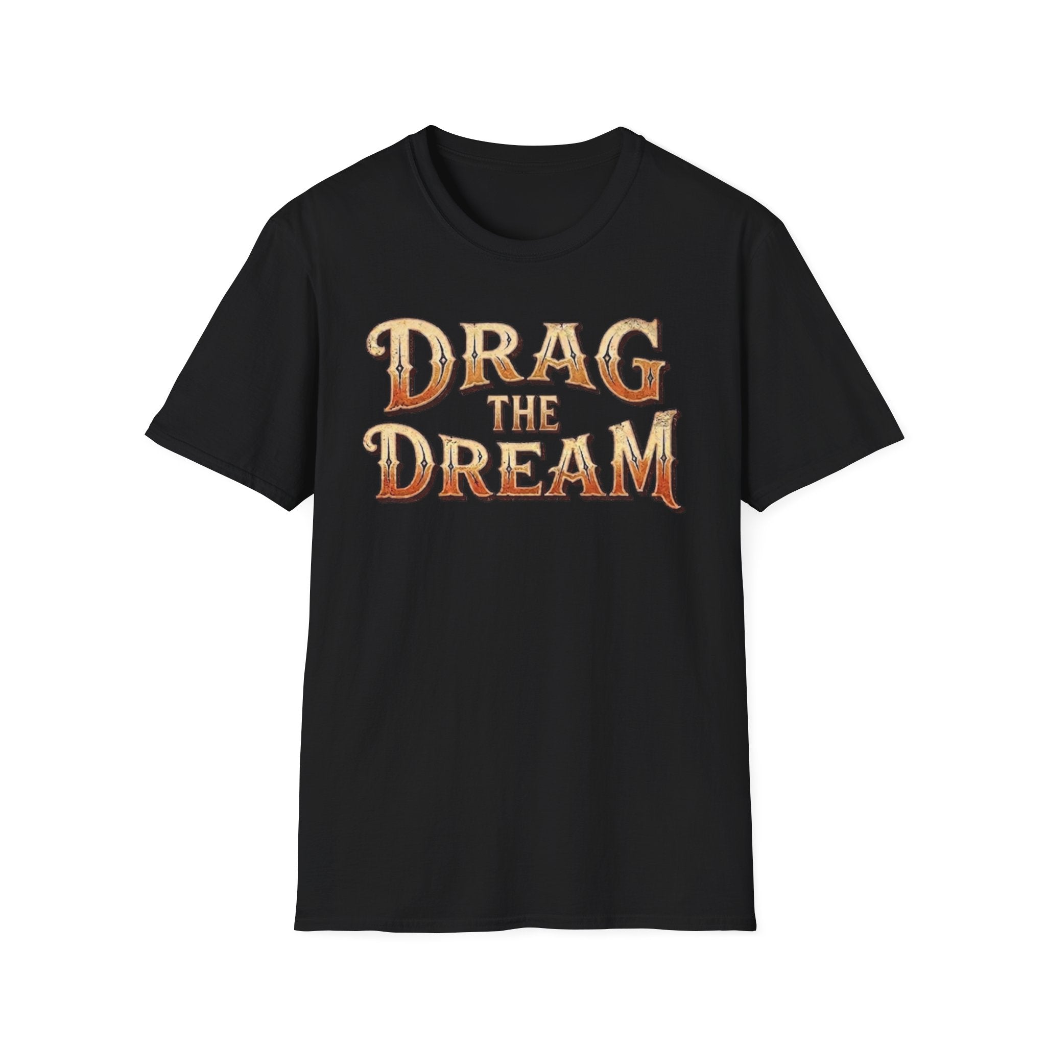 Black "Drag The Dream' t-shirt vintage style typography on a white background.