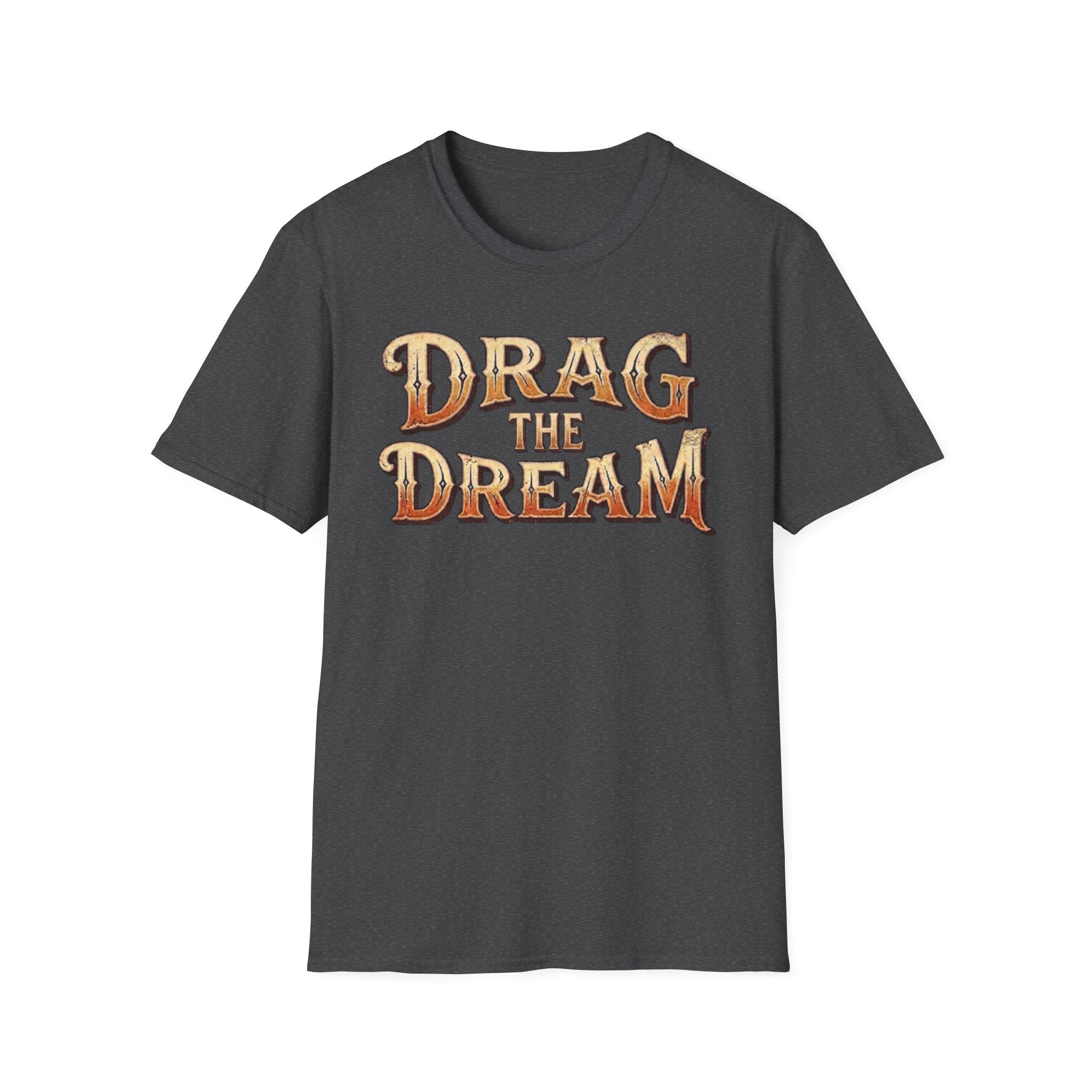 Dark heather 'Drag The Dream' typography vintage style t-shirt on a white background.