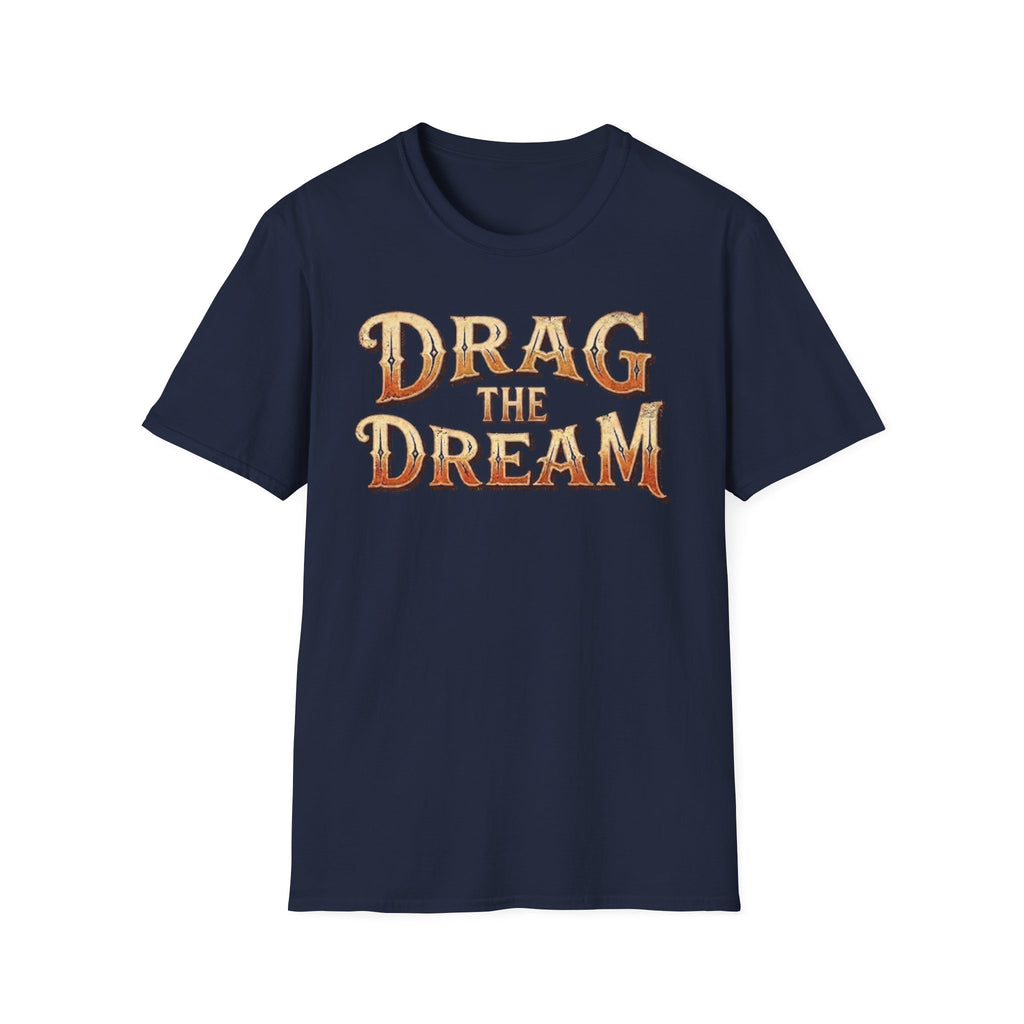 Navy 'Drag The Dream' typography vintage style t-shirt on a white background.