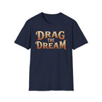 Navy 'Drag The Dream' typography vintage style t-shirt on a white background.