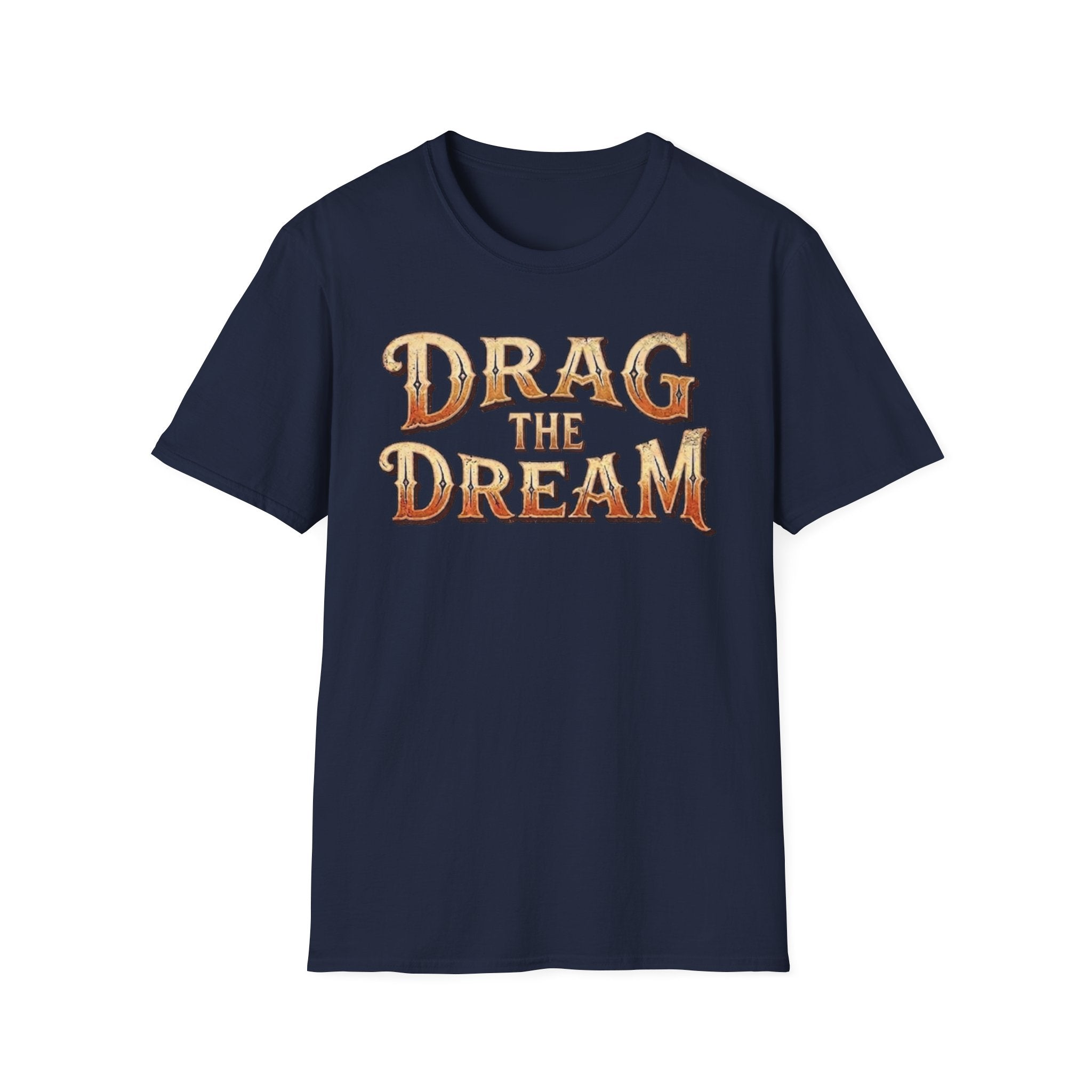 Navy 'Drag The Dream' typography vintage style t-shirt on a white background.
