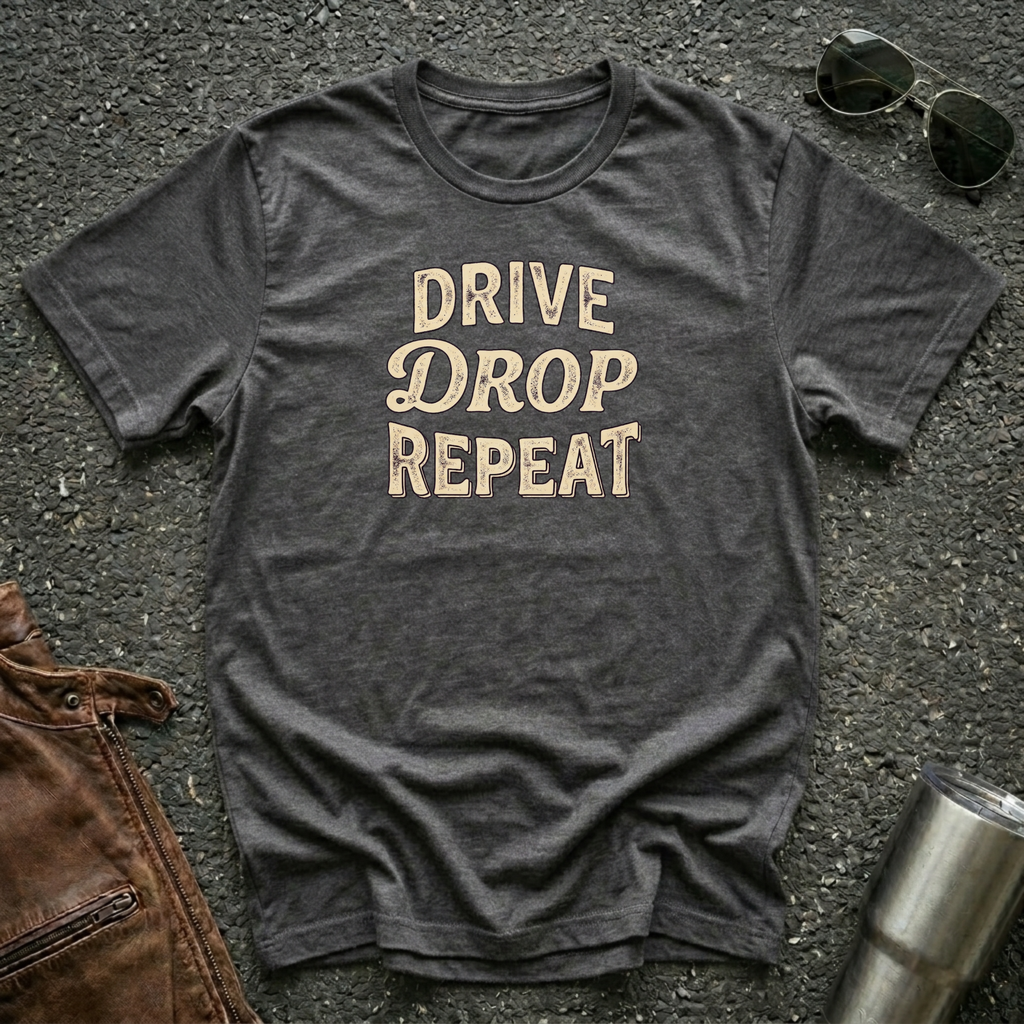 Drive Drop Repeat typography T-shirt on dark heather  Gildan 64000 unisex tee flat lay