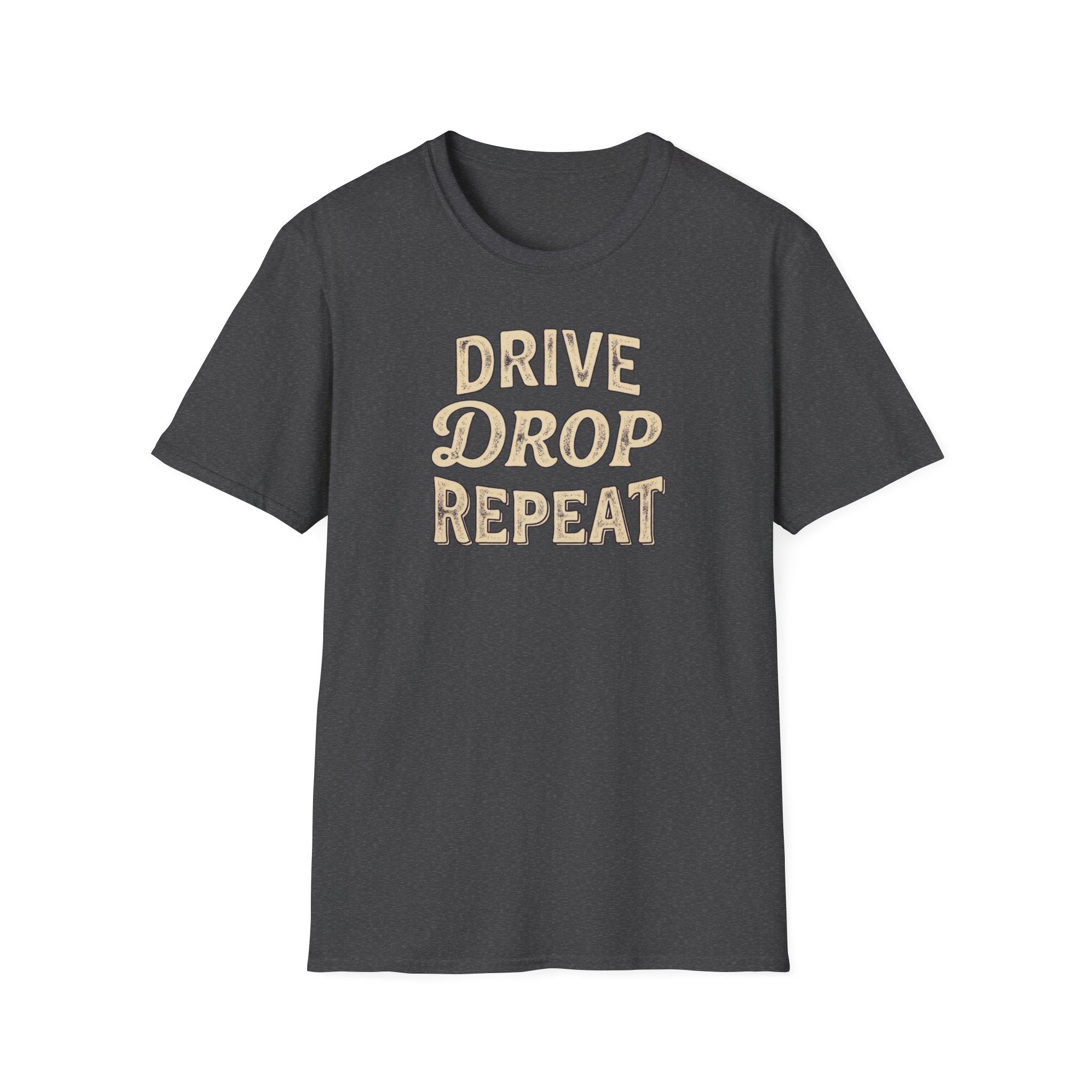 Drive Drop Repeat typography t-shirt  typography mockup vintage style on a white background.