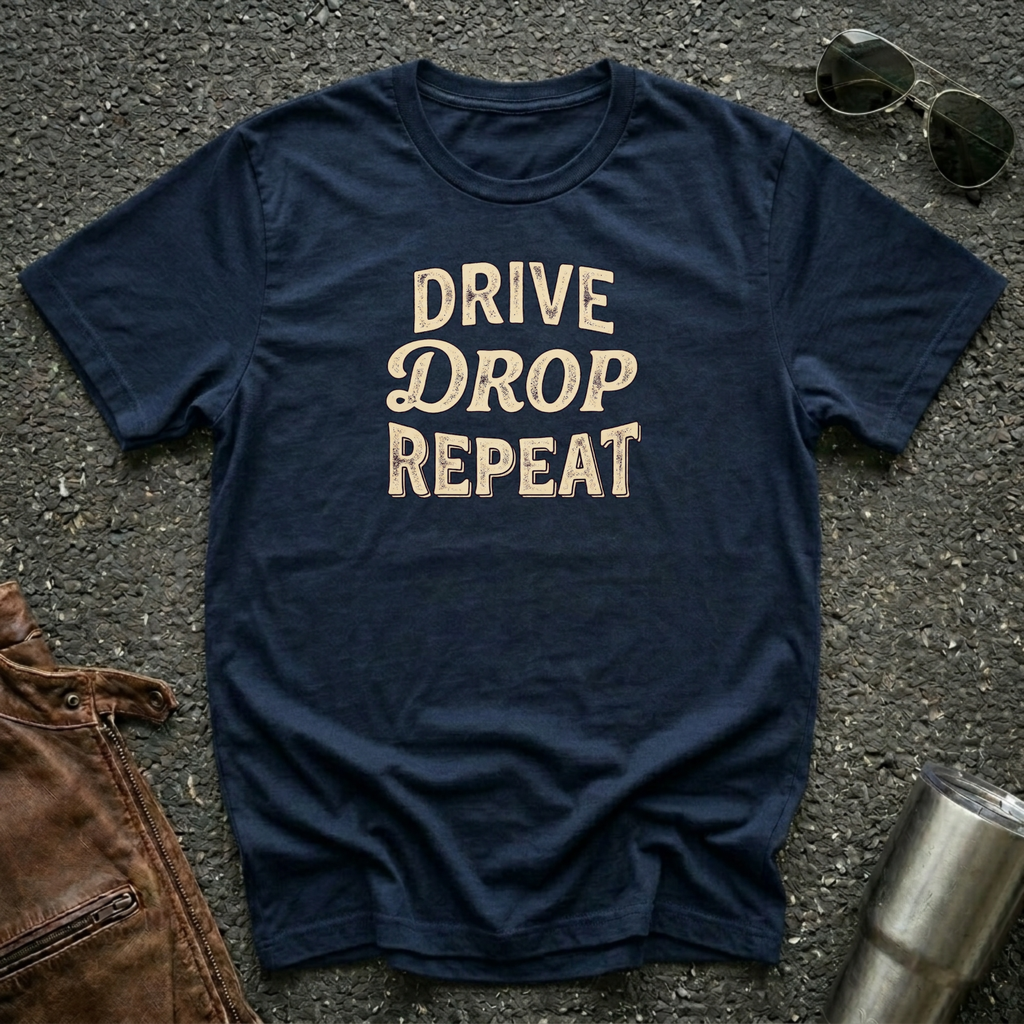 Drive Drop Repeat typography T-shirt on navy Gildan 64000 unisex tee flat lay