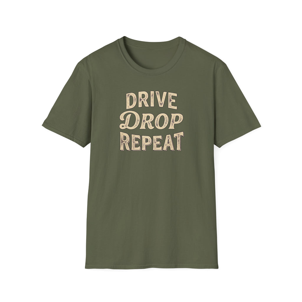 Drive Drop Repeat military green t-shirt mockup on a white background