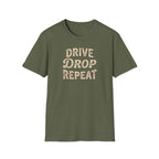 Drive Drop Repeat military green t-shirt mockup on a white background