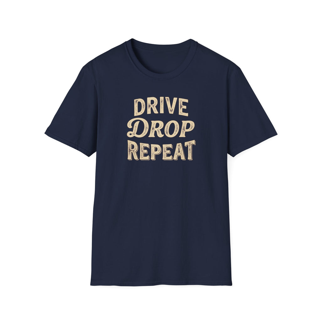 Drive Drop Repeat Navy T-shirt mockup vintage style typography on white background