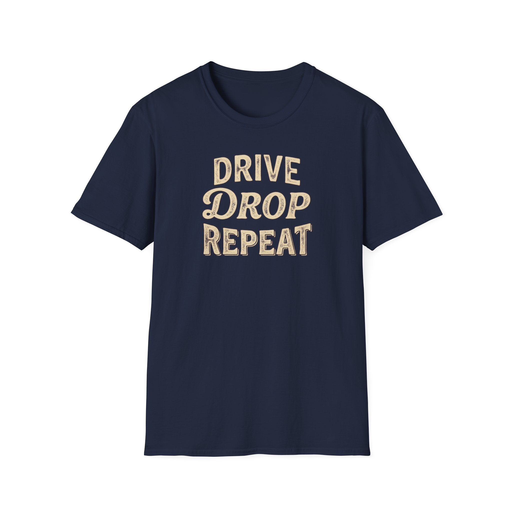 Drive Drop Repeat Navy T-shirt mockup vintage style typography on white background