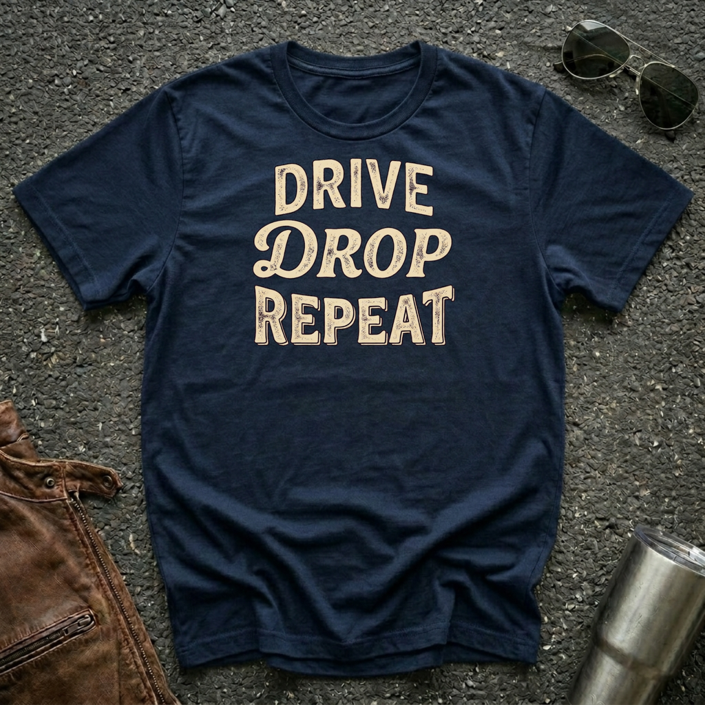 A navy blue crewneck t-shirt with the text 'DRIVE DROP REPEAT' printed in a distressed beige font, laid flat on a gray asphalt surface with sunglasses, a brown leather jacket, and a metal tumbler nearby.