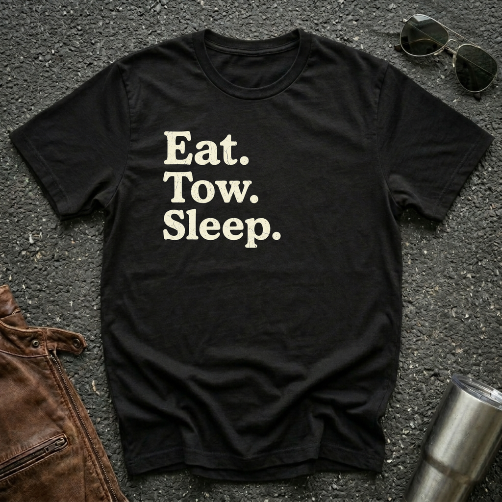A black crewneck t-shirt with the text 'Eat. Tow. Sleep.' flat lay.