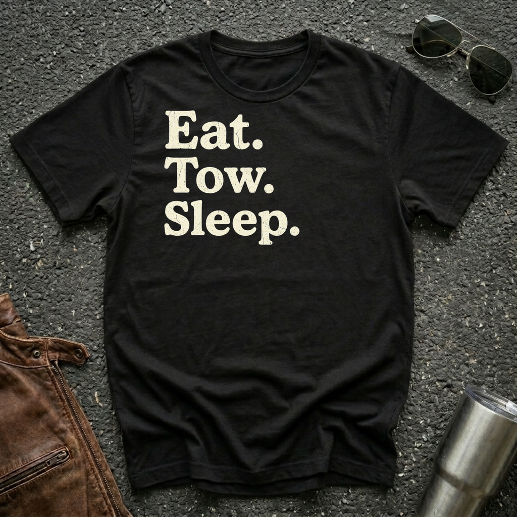 A black crewneck t-shirt with the text 'Eat. Tow. Sleep.'