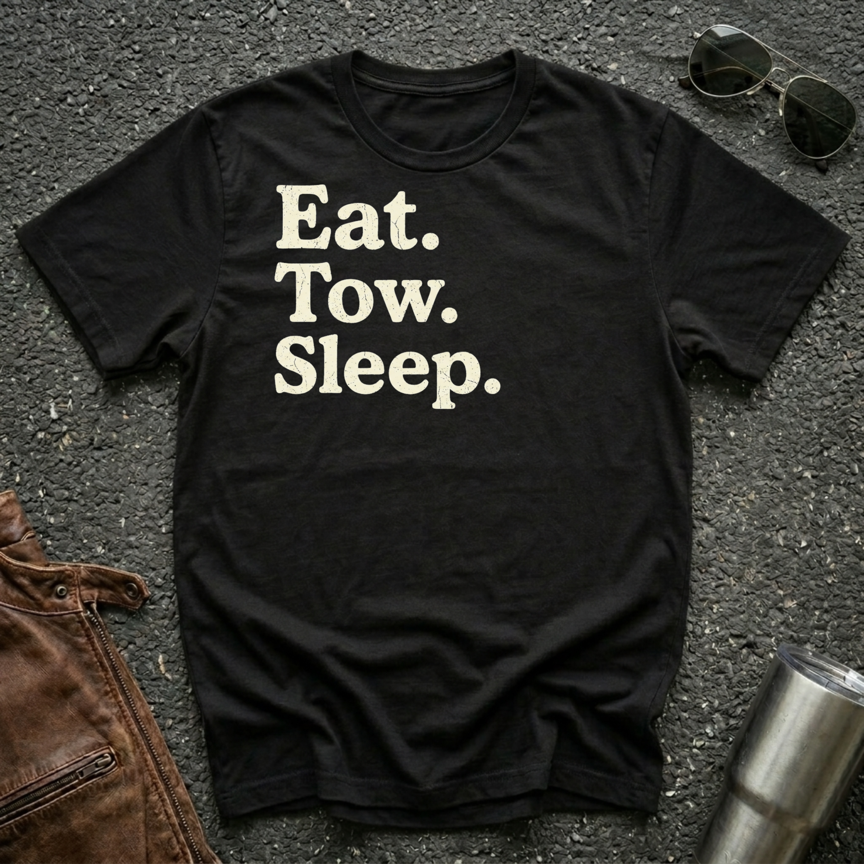 A black crewneck t-shirt with the text 'Eat. Tow. Sleep.'