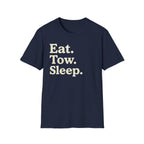A navy crewneck t-shirt with the text 'Eat. Tow. Sleep.' white background.