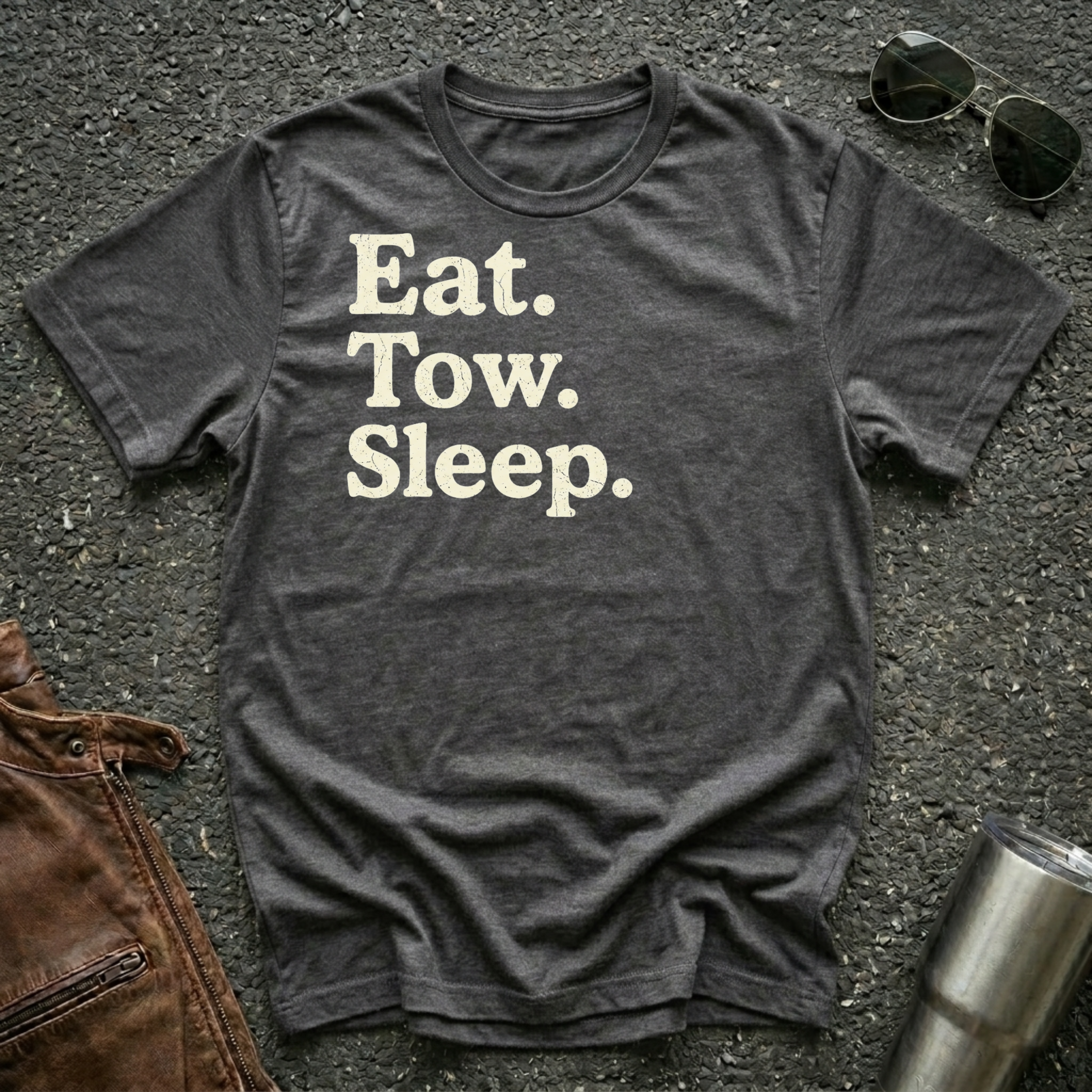 A dark heather crewneck t-shirt with the text 'Eat. Tow. Sleep.'