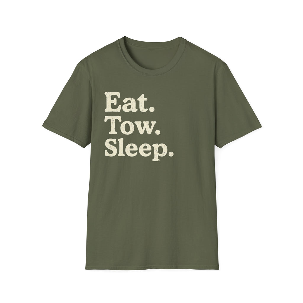 A military green crewneck t-shirt with the text 'Eat. Tow. Sleep.' white background