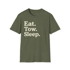 A military green crewneck t-shirt with the text 'Eat. Tow. Sleep.' white background