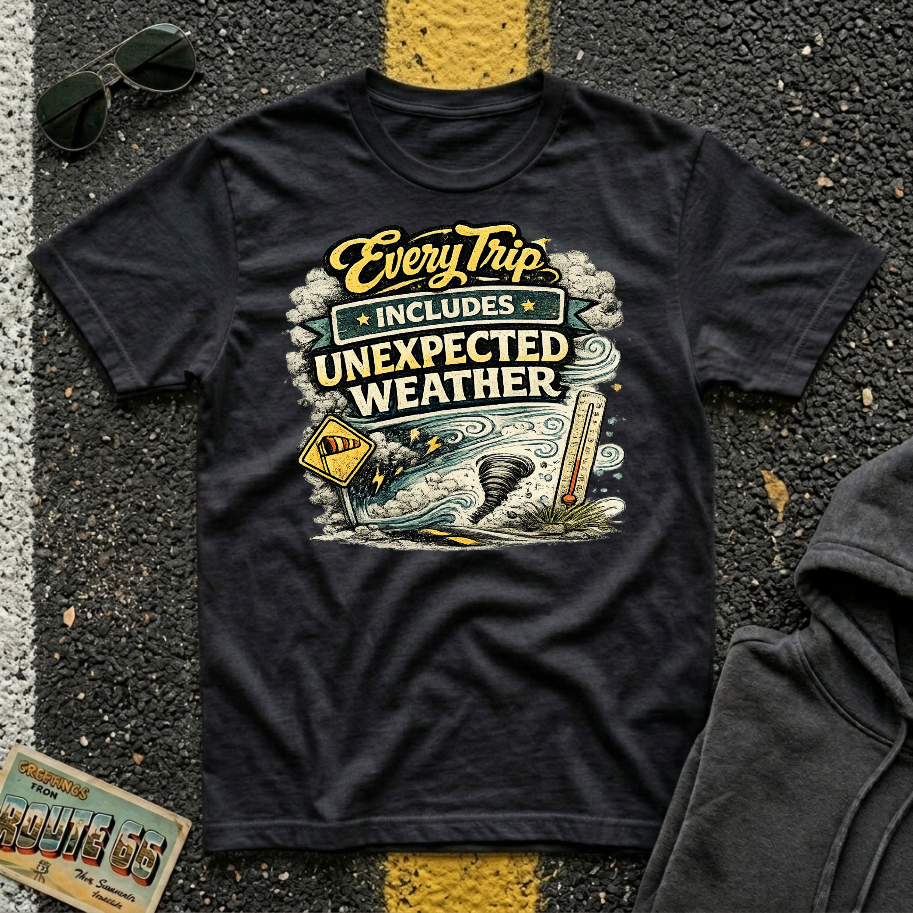 Every Trip Includes Unexpected Weather T-shirt by The Riverstone Life on a black Gildan Softstyle 64000 featuring a vintage weather-themed highway design.