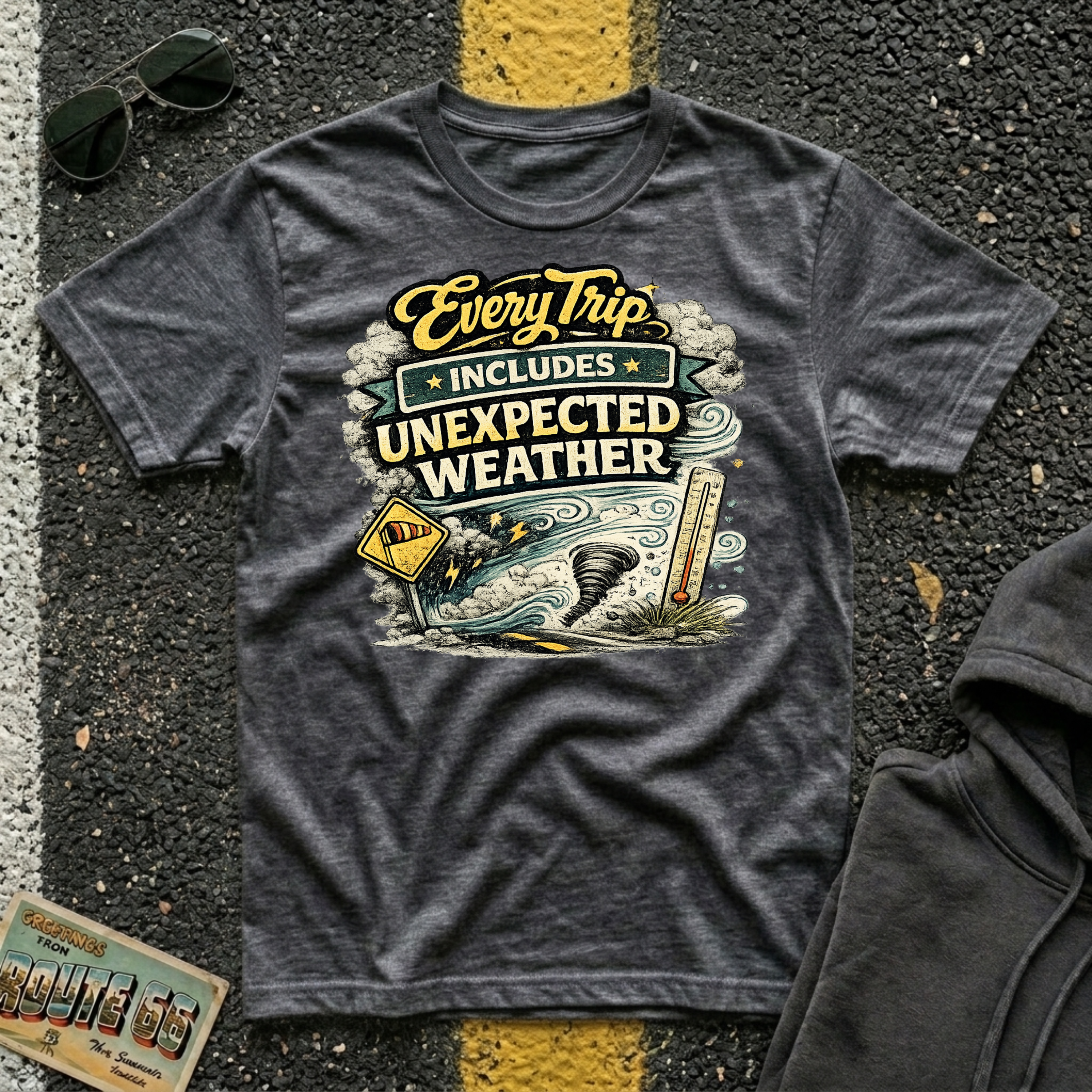 Every Trip Includes Unexpected Weather T-shirt by The Riverstone Life on a dark heather Gildan Softstyle 64000 featuring a vintage weather-themed highway design.