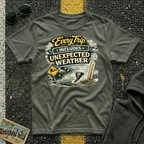 Every Trip Includes Unexpected Weather T-shirt by The Riverstone Life on a military green Gildan Softstyle 64000 featuring a vintage weather-themed highway design.
