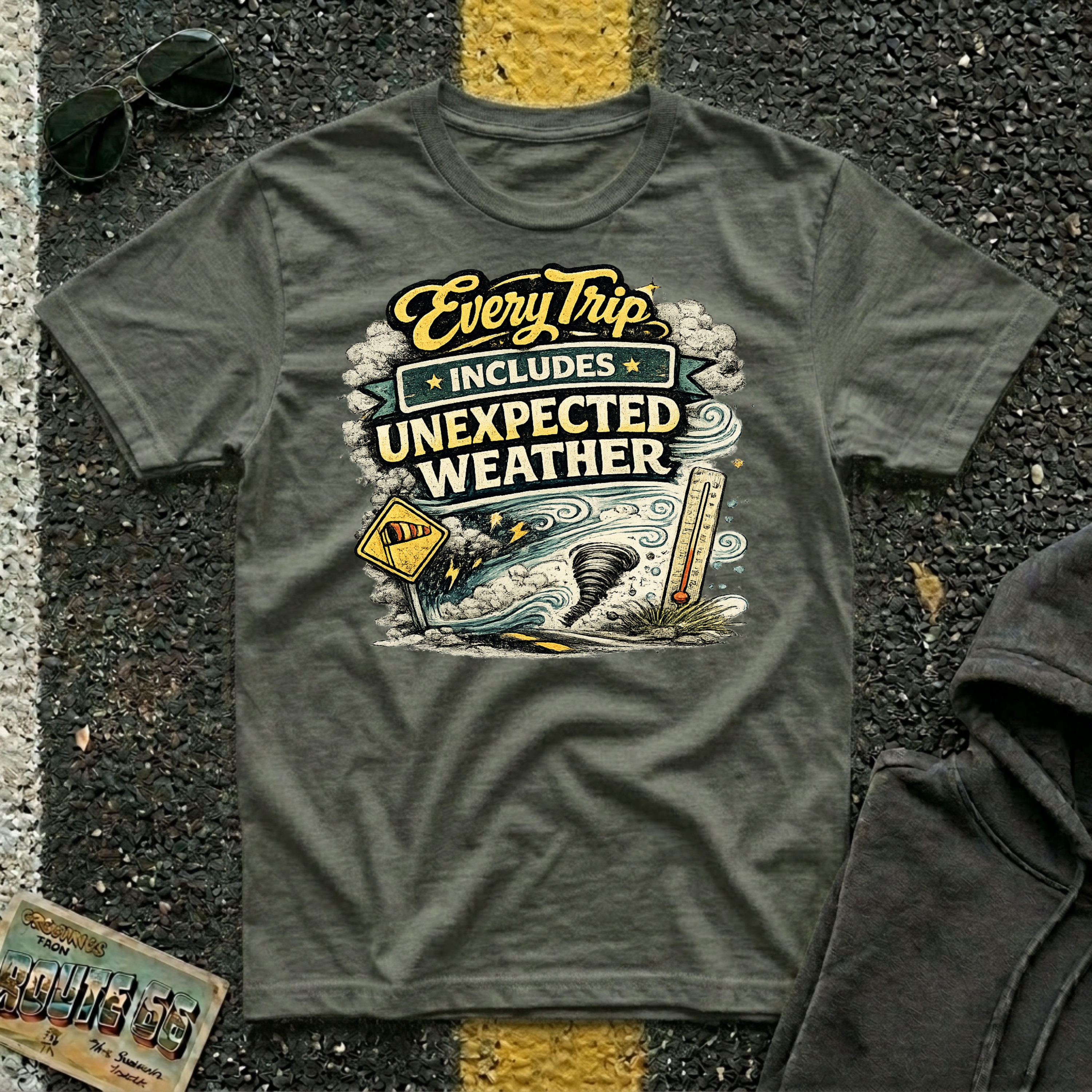 Every Trip Includes Unexpected Weather T-shirt by The Riverstone Life on a military green Gildan Softstyle 64000 featuring a vintage weather-themed highway design.