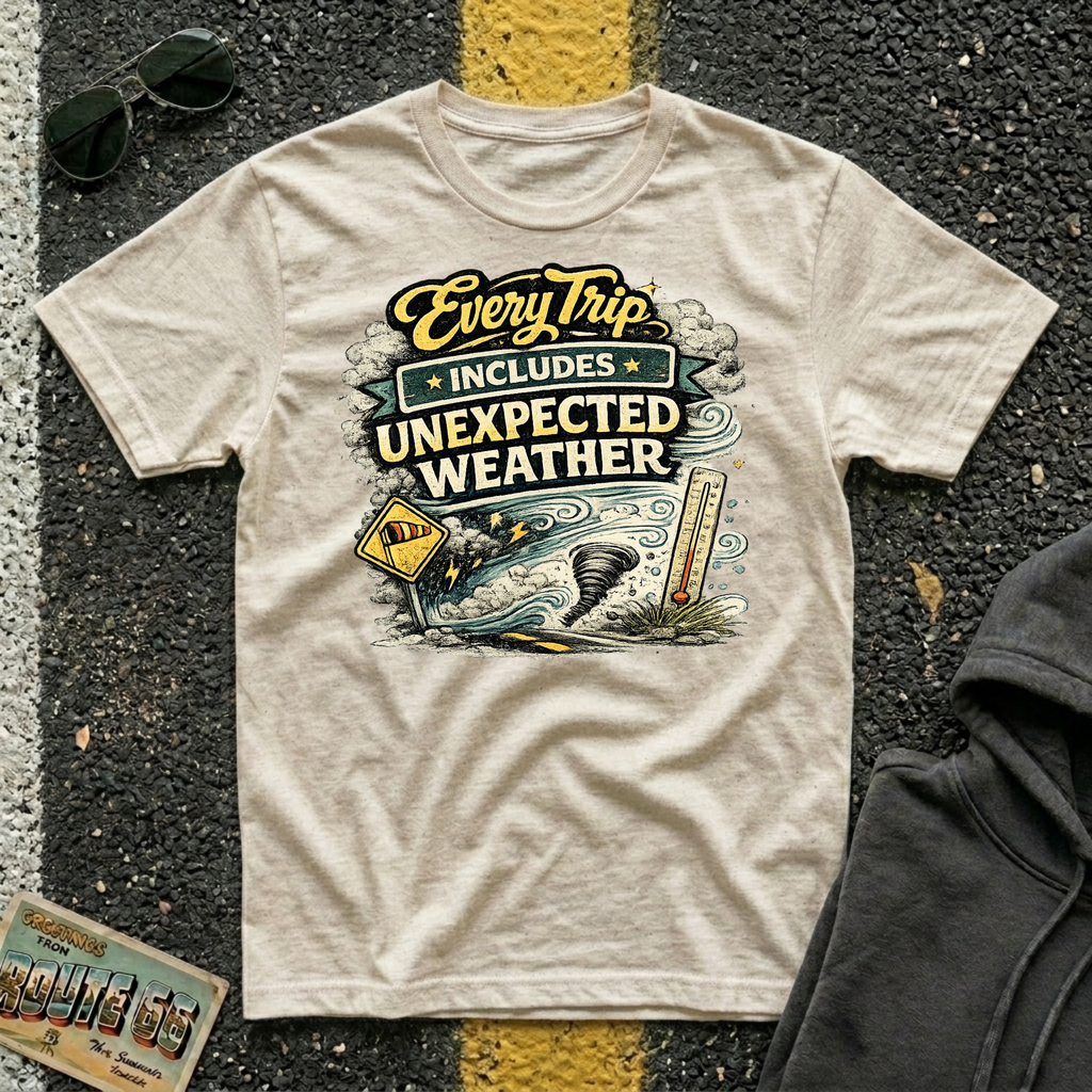 Every Trip Includes Unexpected Weather T-shirt by The Riverstone Life on a natural Gildan Softstyle 64000 featuring a vintage weather-themed highway design.