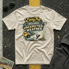 Every Trip Includes Unexpected Weather T-shirt by The Riverstone Life on a natural Gildan Softstyle 64000 featuring a vintage weather-themed highway design.
