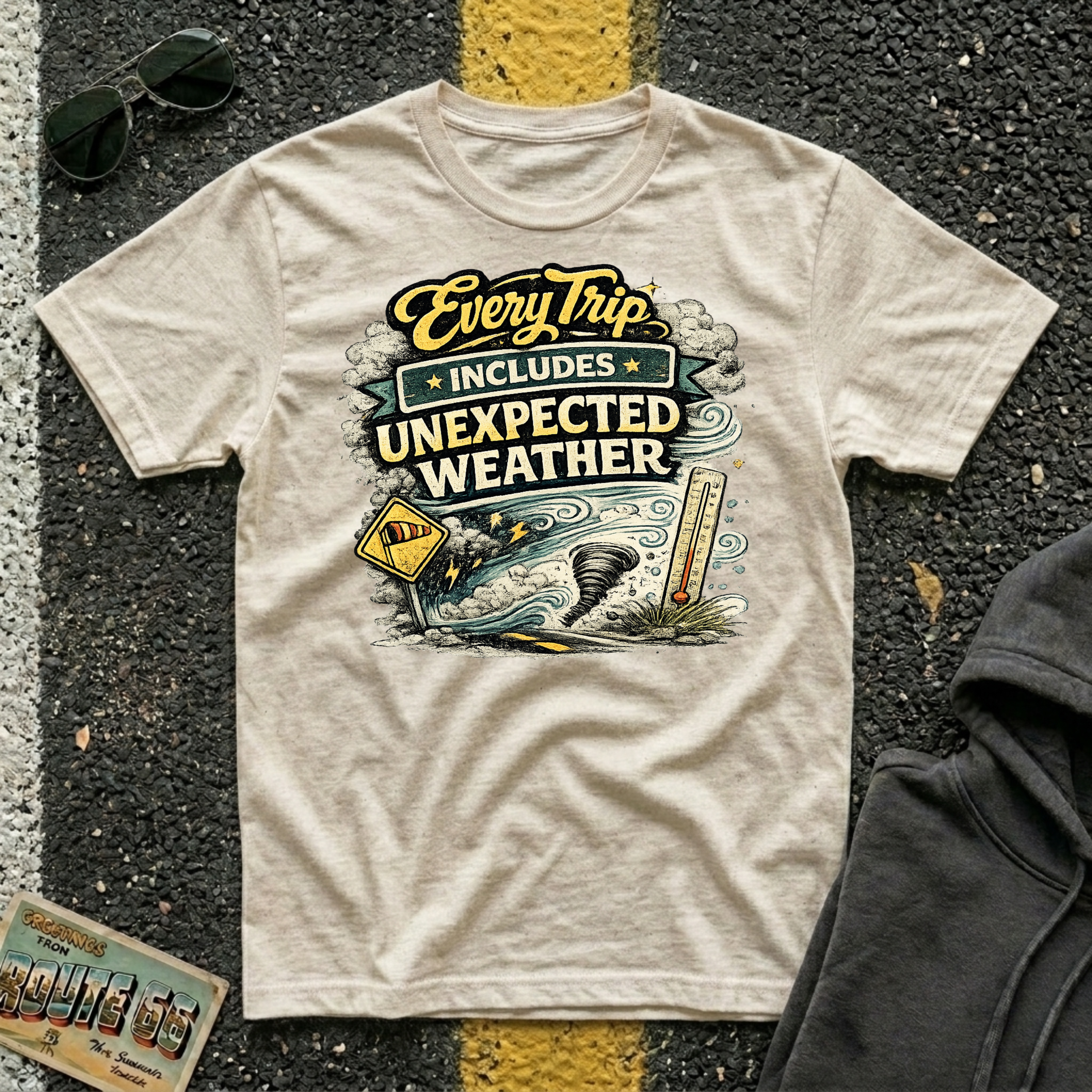 Every Trip Includes Unexpected Weather T-shirt by The Riverstone Life on a natural Gildan Softstyle 64000 featuring a vintage weather-themed highway design.