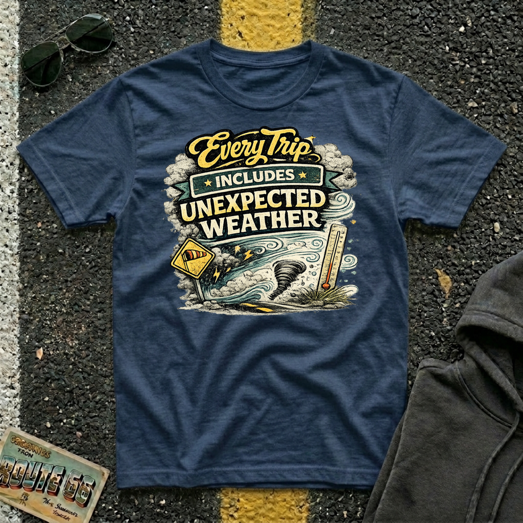 Every Trip Includes Unexpected Weather T-shirt by The Riverstone Life on a navy Gildan Softstyle 64000 featuring a vintage weather-themed highway design.