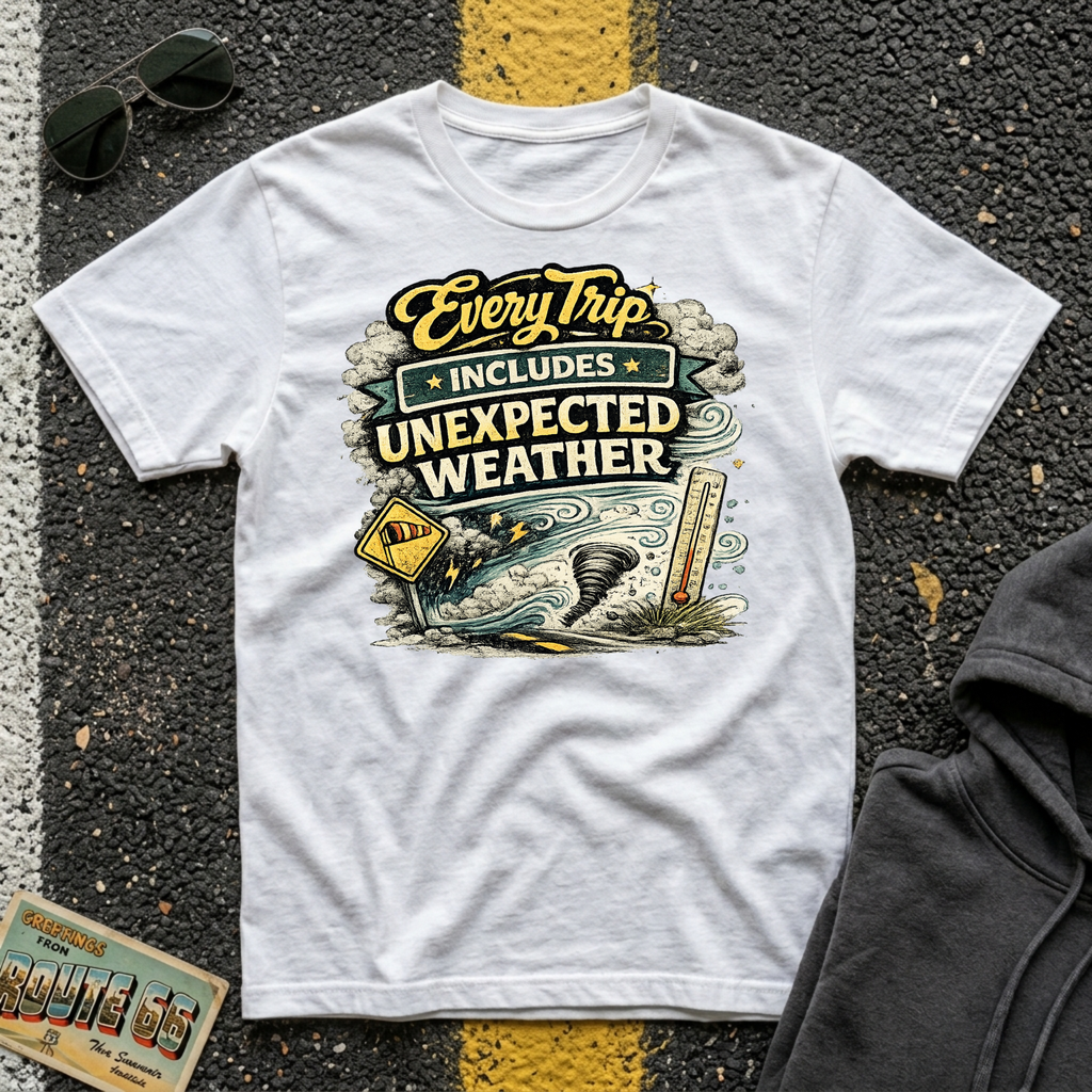 Every Trip Includes Unexpected Weather T-shirt by The Riverstone Life on a white Gildan Softstyle 64000 featuring a vintage weather-themed highway design.