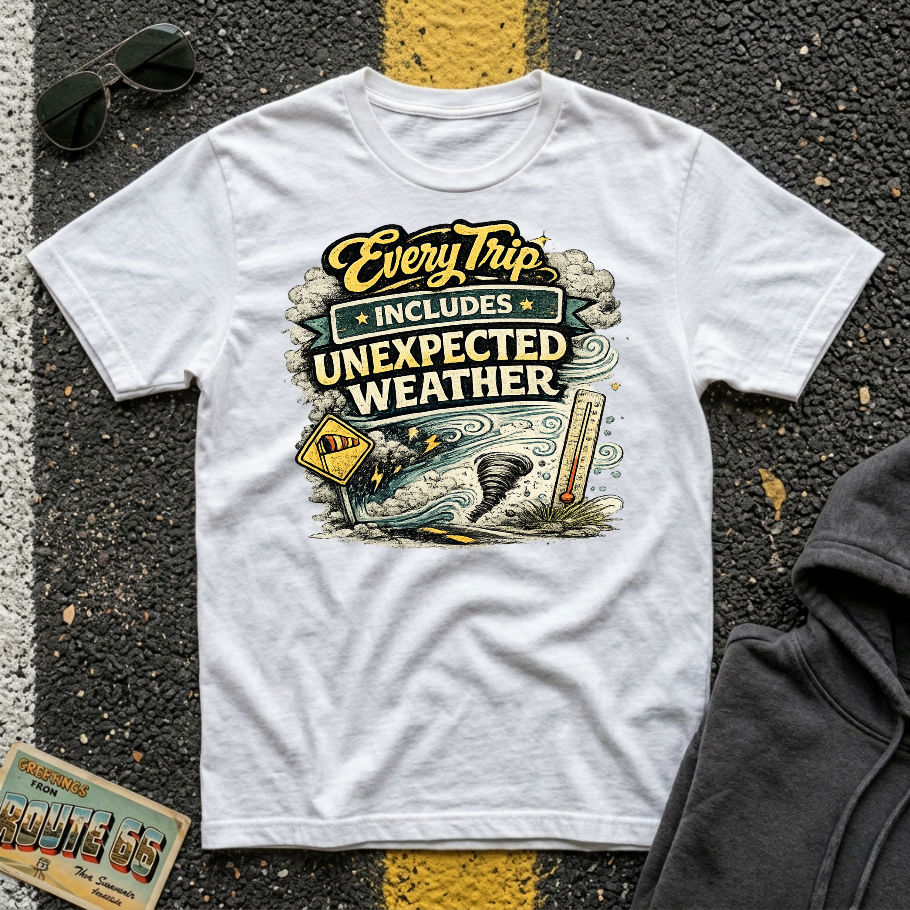 Every Trip Includes Unexpected Weather T-shirt by The Riverstone Life on a white Gildan Softstyle 64000 featuring a vintage weather-themed highway design.