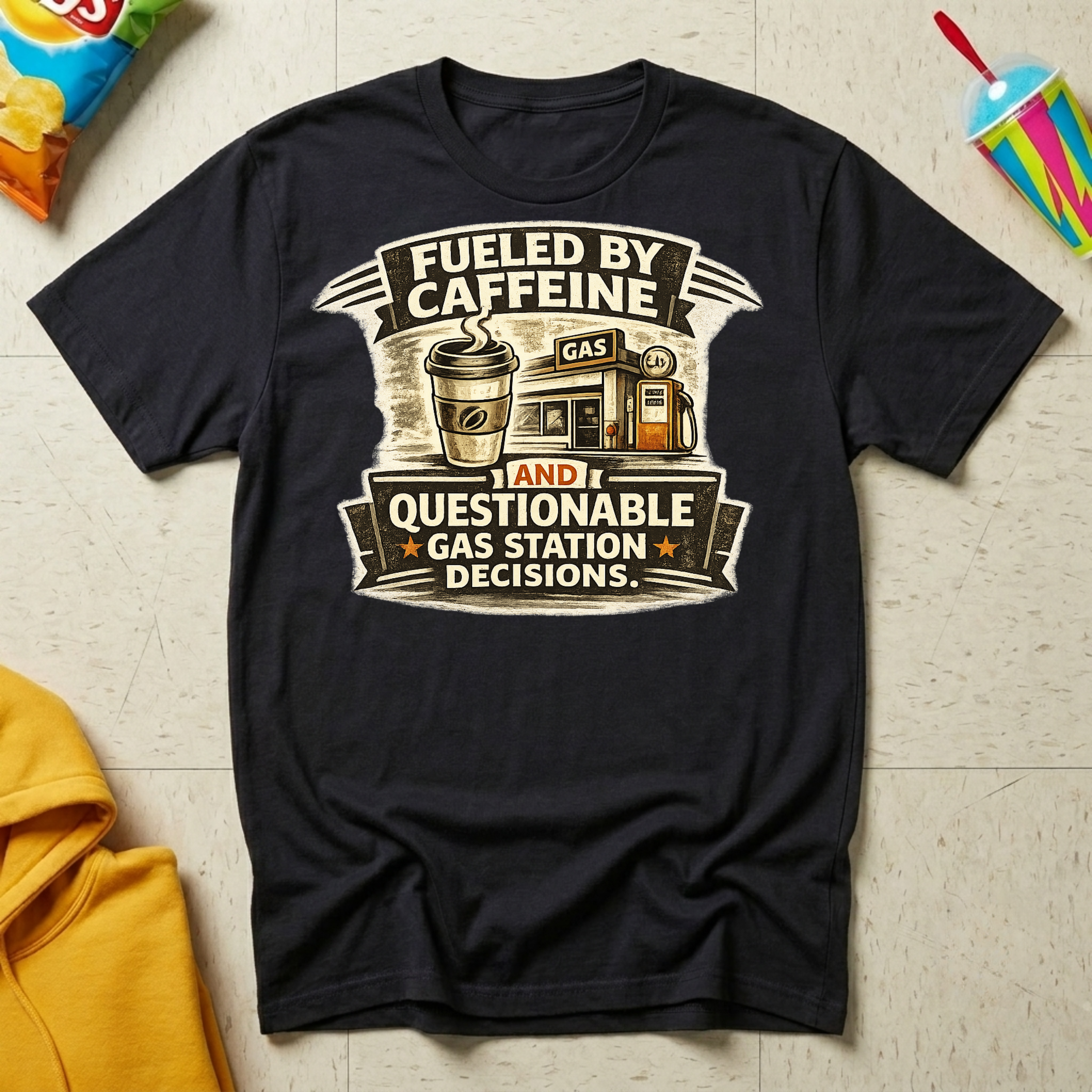 Fueled by Caffeine and Questionable Gas Station Decisions T-shirt by The Riverstone Life on a black Gildan Softstyle 64000 featuring a coffee cup, gas station, and humorous road trip design.