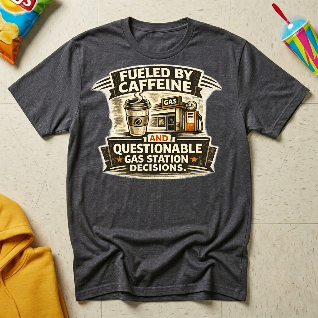 Fueled by Caffeine and Questionable Gas Station Decisions T-shirt by The Riverstone Life on a dark heather Gildan Softstyle 64000 featuring a coffee cup, gas station, and humorous road trip design.