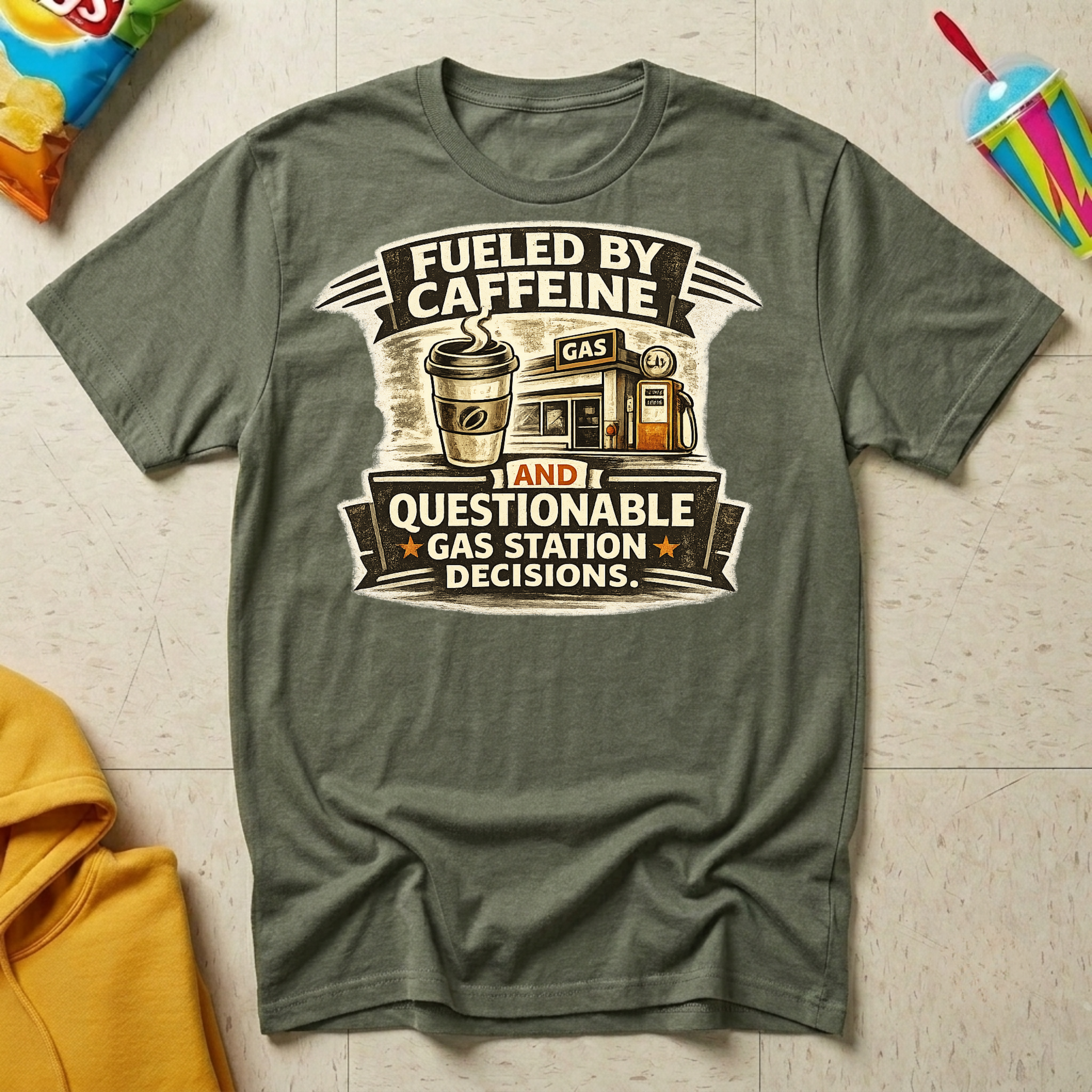 Fueled by Caffeine and Questionable Gas Station Decisions T-shirt by The Riverstone Life on a military green Gildan Softstyle 64000 featuring a coffee cup, gas station, and humorous road trip design.