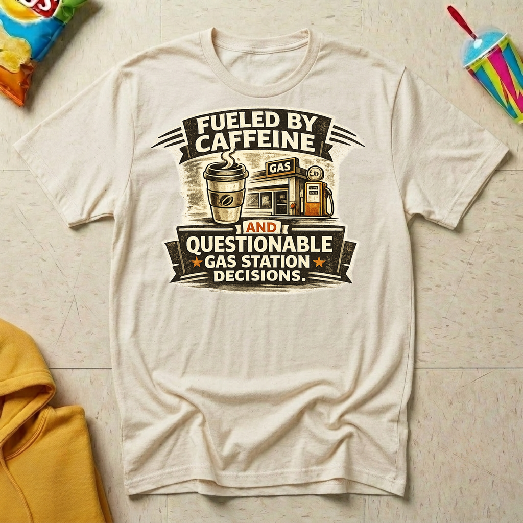 Fueled by Caffeine and Questionable Gas Station Decisions T-shirt by The Riverstone Life on a natural Gildan Softstyle 64000 featuring a coffee cup, gas station, and humorous road trip design.
