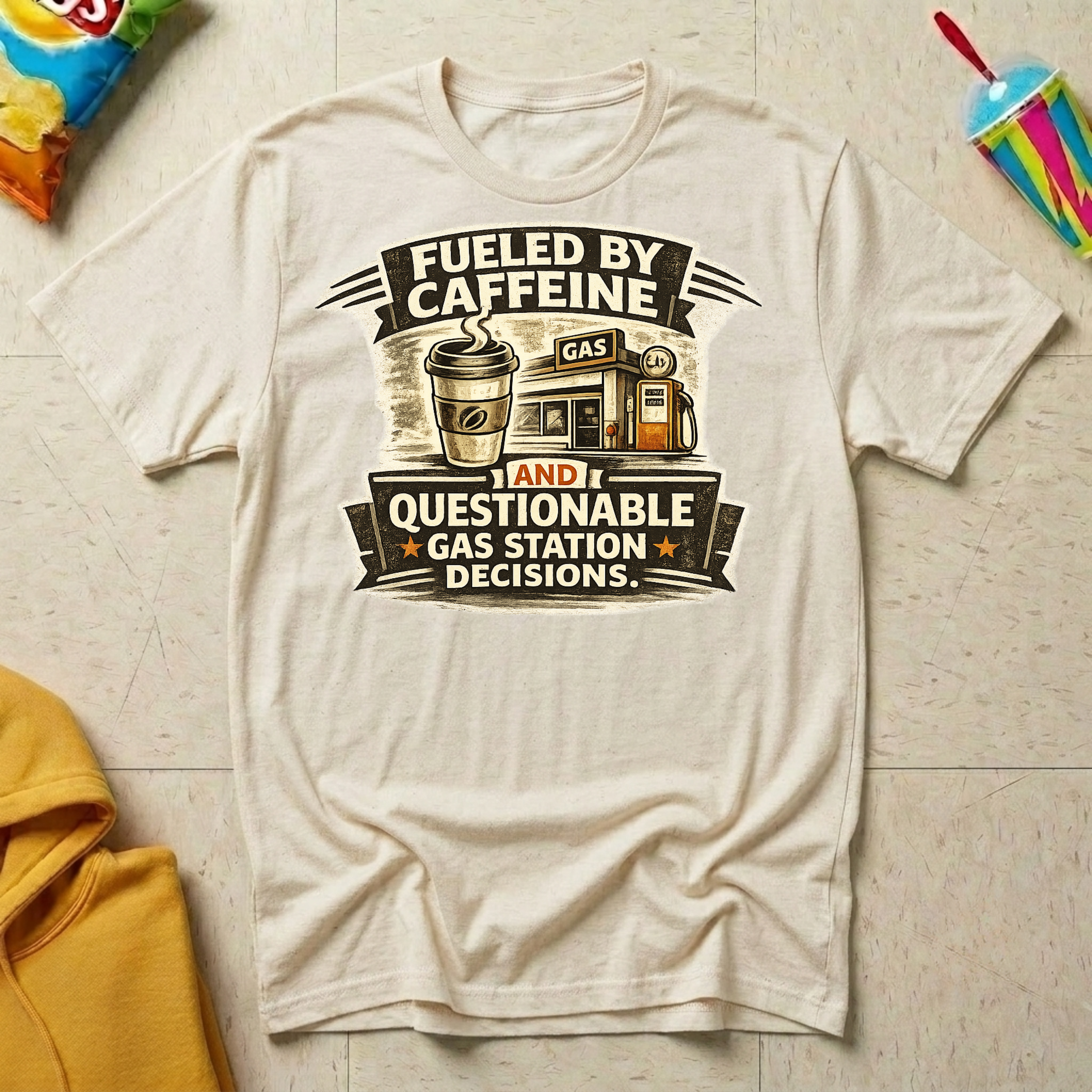 Fueled by Caffeine and Questionable Gas Station Decisions T-shirt by The Riverstone Life on a natural Gildan Softstyle 64000 featuring a coffee cup, gas station, and humorous road trip design.