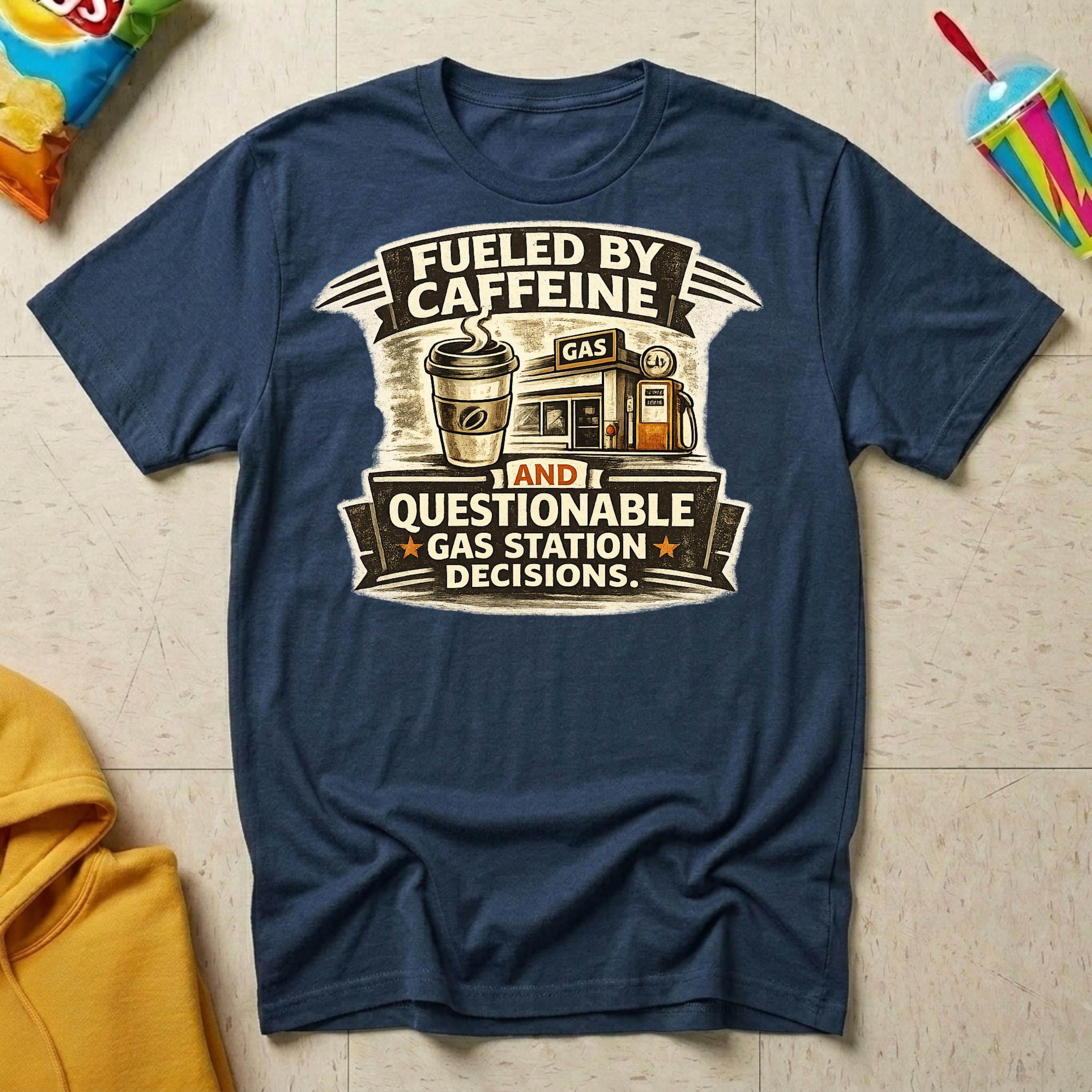 Fueled by Caffeine and Questionable Gas Station Decisions T-shirt by The Riverstone Life on a navy Gildan Softstyle 64000 featuring a coffee cup, gas station, and humorous road trip design.