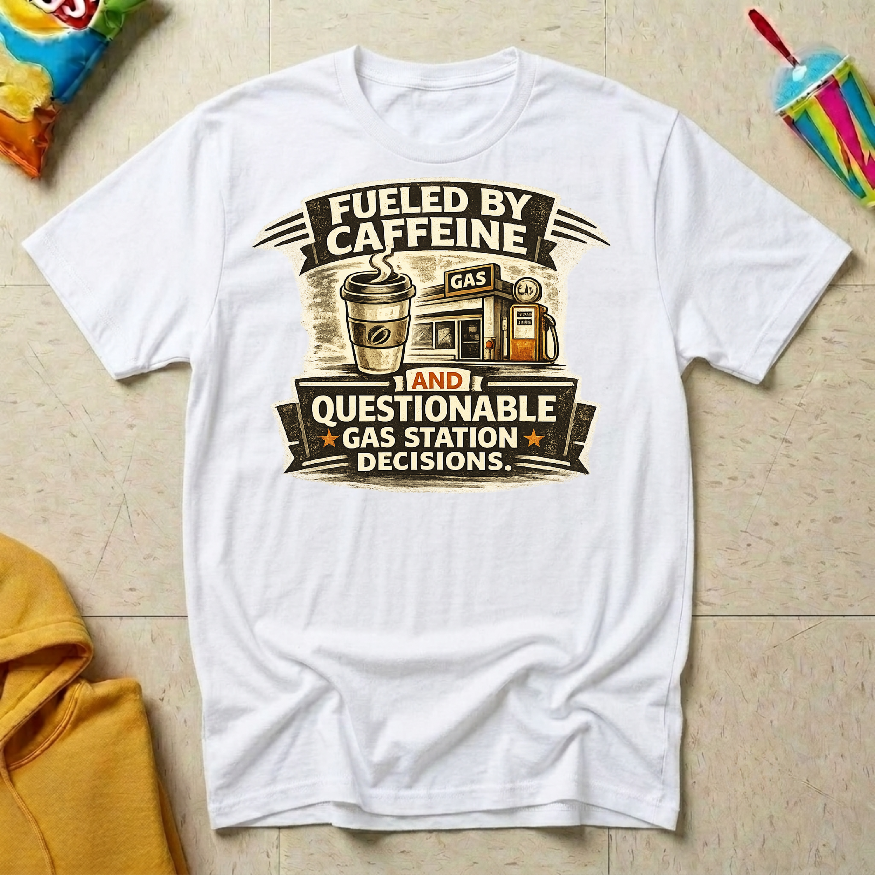 Fueled by Caffeine and Questionable Gas Station Decisions T-shirt by The Riverstone Life on a white Gildan Softstyle 64000 featuring a coffee cup, gas station, and humorous road trip design.