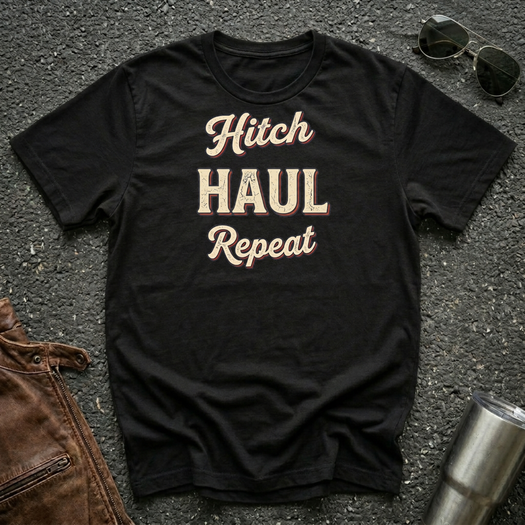 A black graphic t-shirt with the words 'Hitch HAUL Repeat' printed in a distressed cream and maroon font, laid flat on a dark asphalt surface with sunglasses, brown leather jacket, and a metal tumbler nearby.
