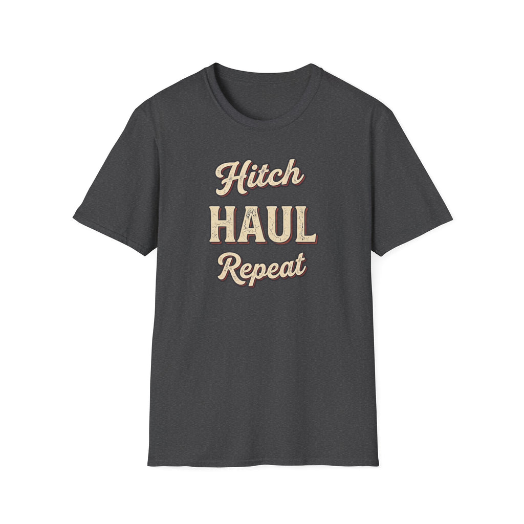 Dark heather t-shirt with 'Hitch Haul Repeat' typography vintage style on a white background.