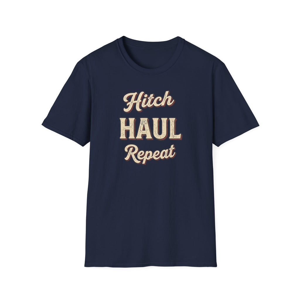 Navy t-shirt with 'Hitch Haul Repeat' typography vintage style on a white background.