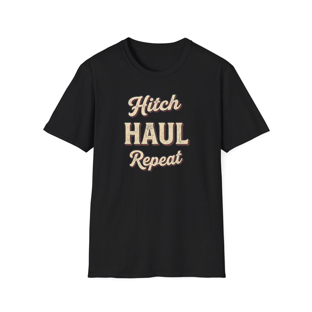Black t-shirt with 'Hitch Haul Repeat' typography vintage style on a white background.