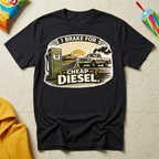 I Brake For Cheap Diesel T-shirt by The Riverstone Life on a black Gildan Softstyle 64000 featuring a vintage diesel pump, pickup truck, and humorous road trip design.