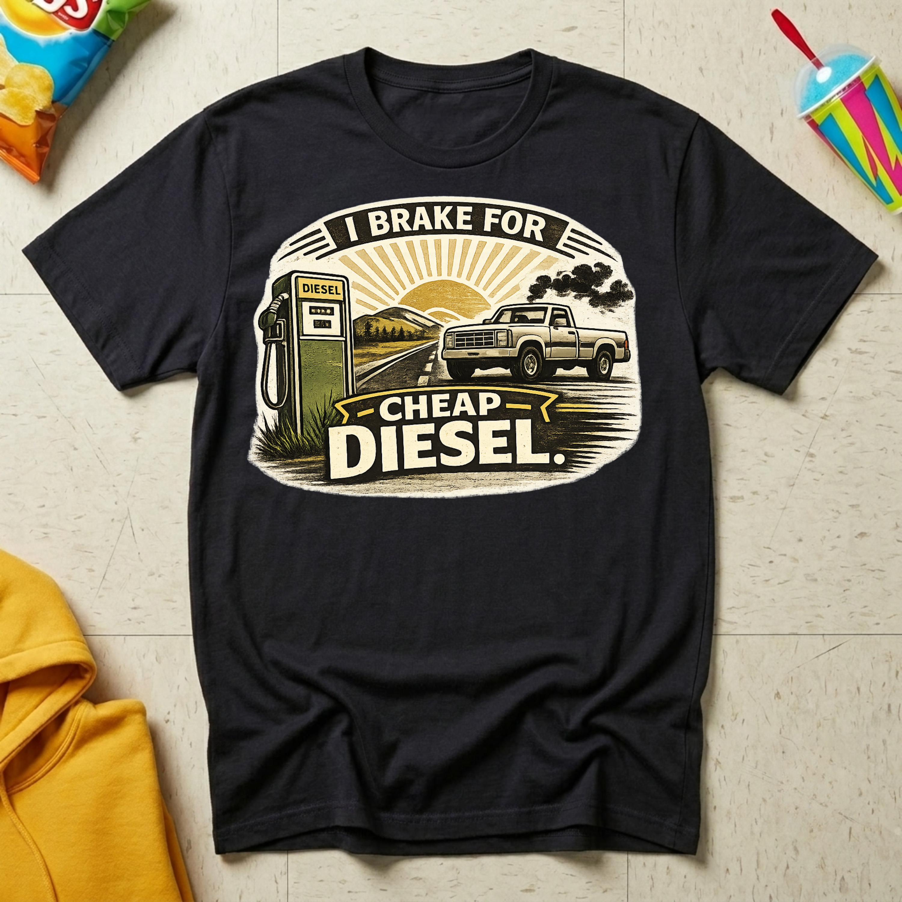 I Brake For Cheap Diesel T-shirt by The Riverstone Life on a black Gildan Softstyle 64000 featuring a vintage diesel pump, pickup truck, and humorous road trip design.