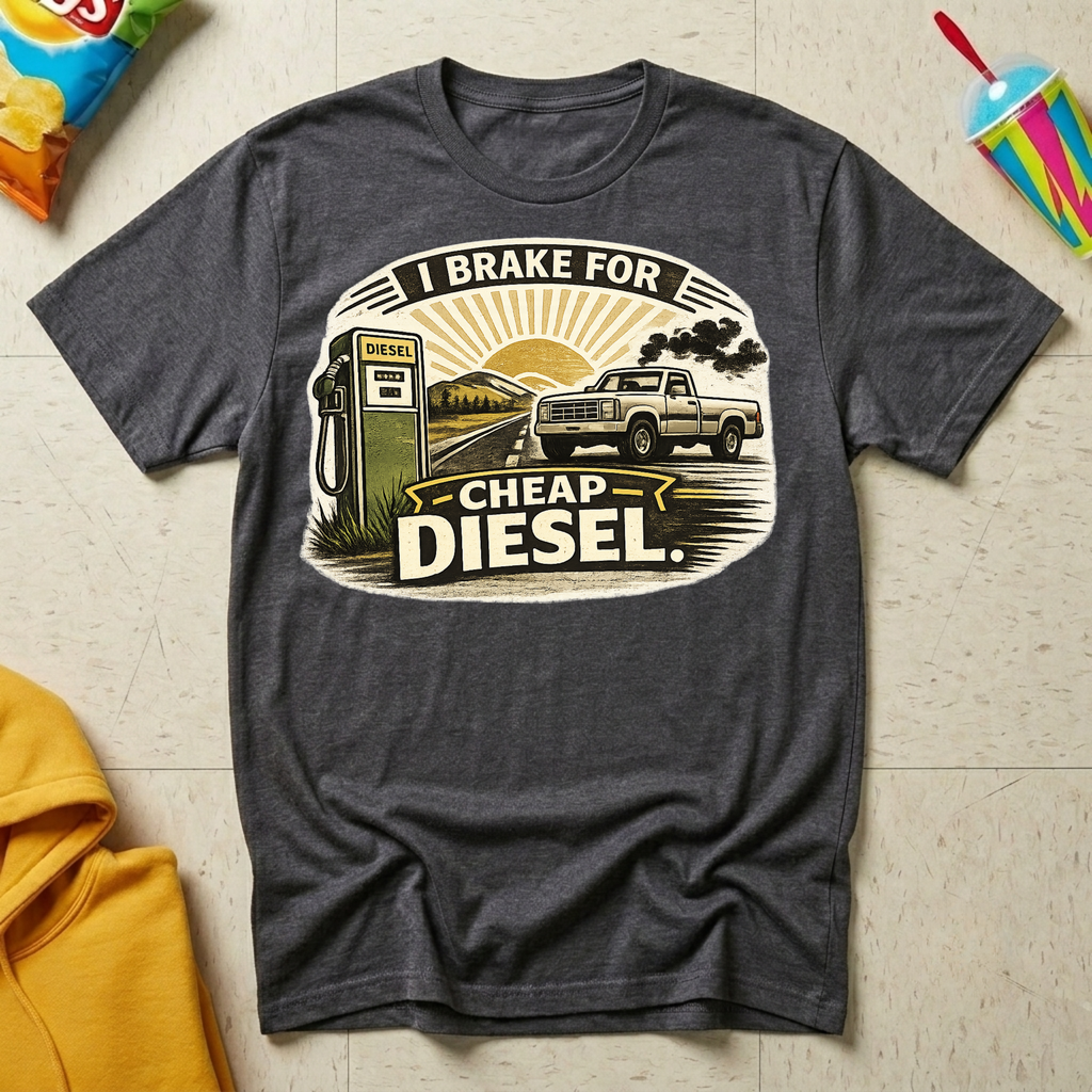 I Brake For Cheap Diesel T-shirt by The Riverstone Life on a dark heather Gildan Softstyle 64000 featuring a vintage diesel pump, pickup truck, and humorous road trip design.