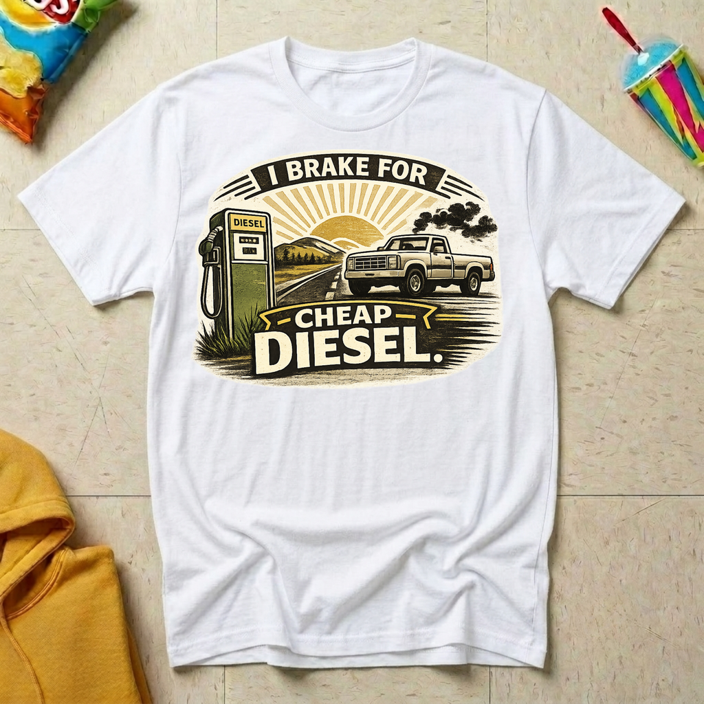 I Brake For Cheap Diesel T-shirt by The Riverstone Life on a white Gildan Softstyle 64000 featuring a vintage diesel pump, pickup truck, and humorous road trip design.