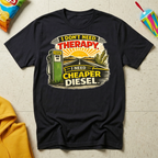 I Don't Need Therapy. I Need Cheaper Diesel T-shirt by The Riverstone Life on a black  Gildan Softstyle 64000 featuring a vintage diesel pump and humorous truck stop design.