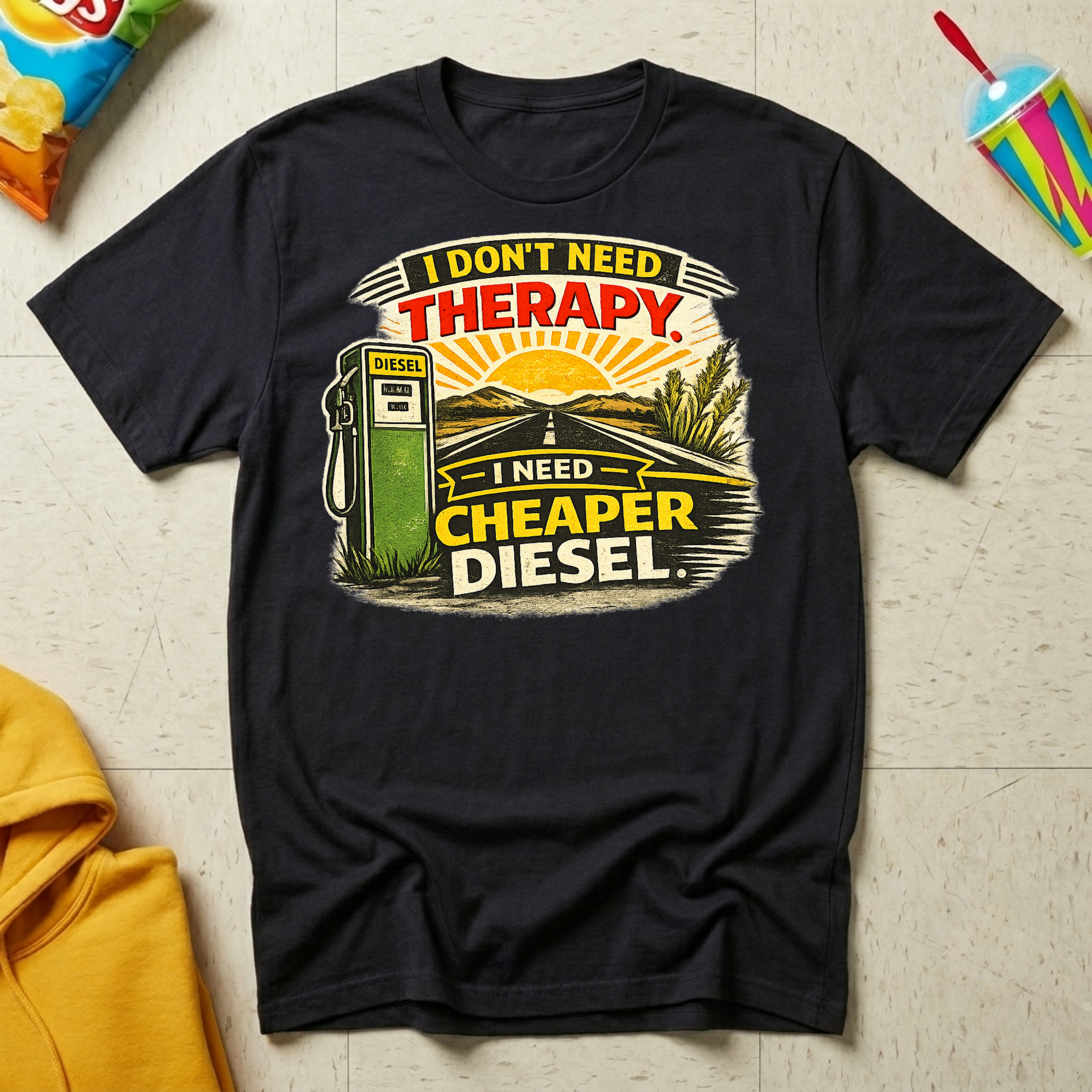 I Don't Need Therapy. I Need Cheaper Diesel T-shirt by The Riverstone Life on a black  Gildan Softstyle 64000 featuring a vintage diesel pump and humorous truck stop design.